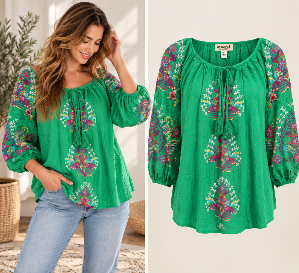 One World Green Embroidered Boho Blouse Size Medium